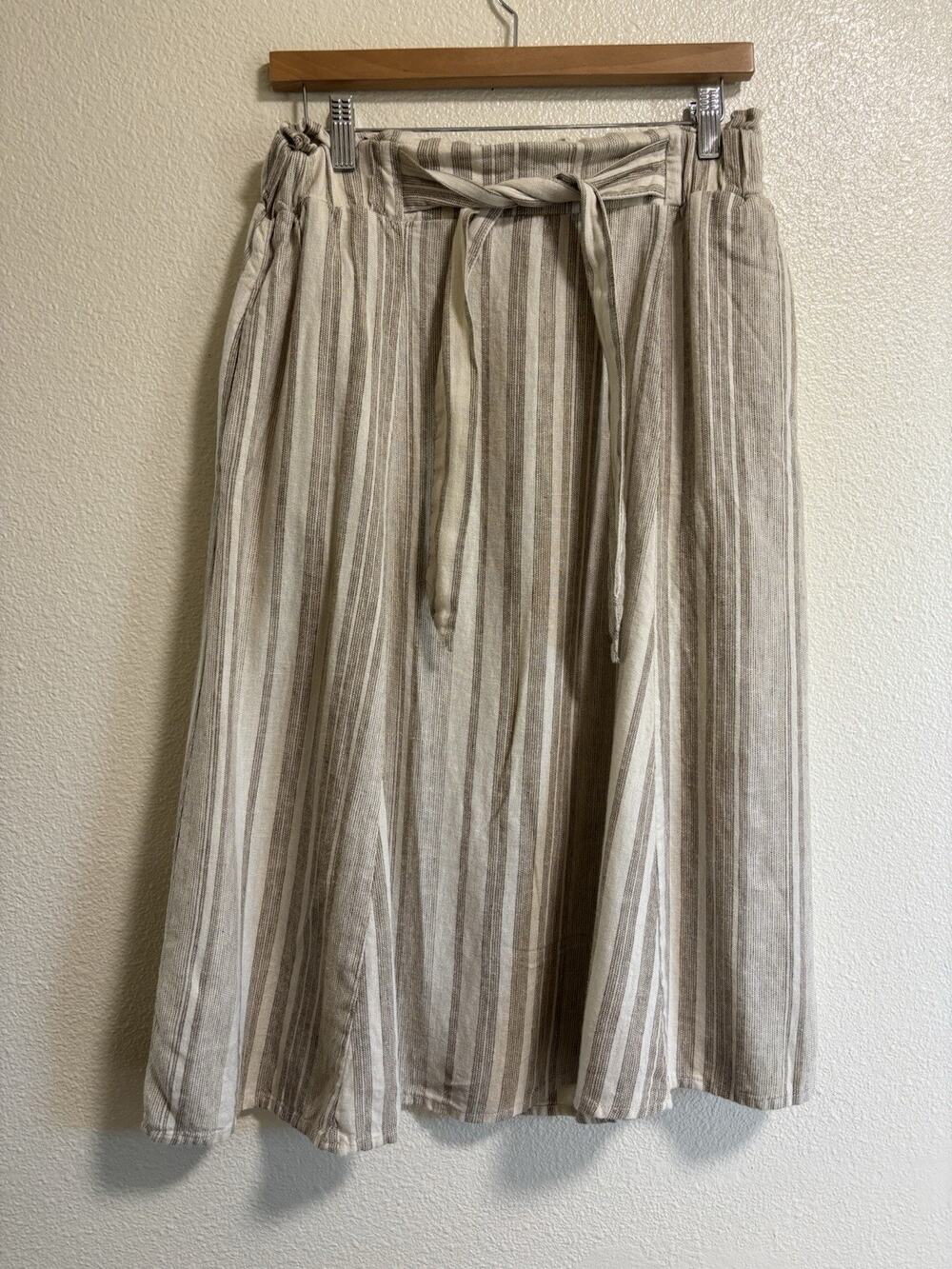Linen Blend Skirt Neutral Cream Tan Pockets Old Money Calligraphie Women’s Sz S